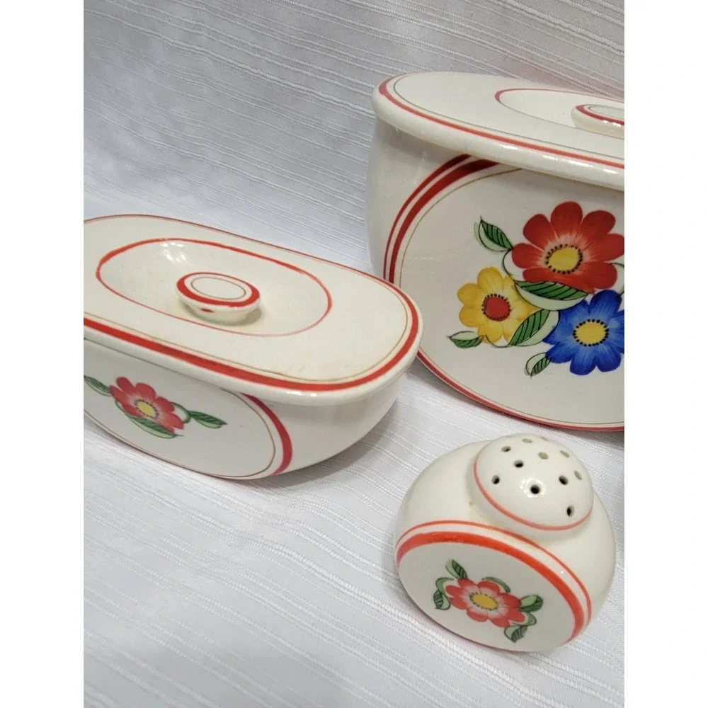 Vintage Floral Ceramic Nesting Canister Set 7pc Cream Red Blue Yellow Shaker